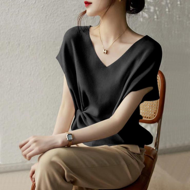 《7色展開》イージーケア上品見えVネックフレンチスリーブ夏服半袖サマーニット き… | maison de LATIR | 詳細画像4 
