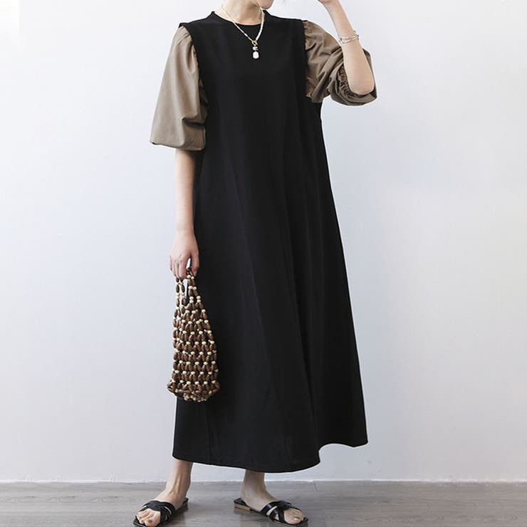 ブラウン | 1枚でおしゃれに見せるボリューム袖切り替えロングワンピース 大人 ゆったり | maison de LATIR