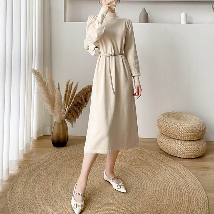 女性らしさを引き出すベルト付きのボリュームスリーブニットワンピース 長袖 ニット… | maison de LATIR | 詳細画像8 