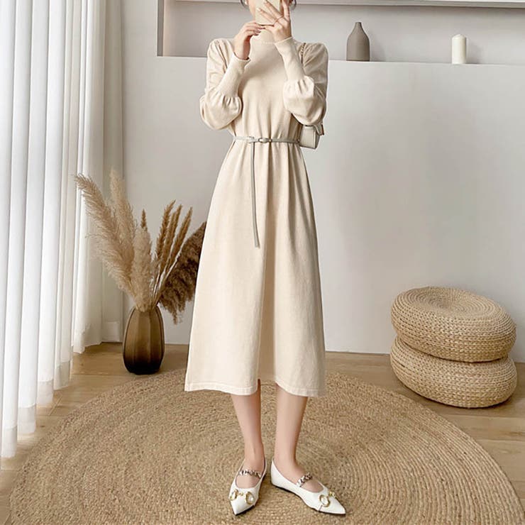 女性らしさを引き出すベルト付きのボリュームスリーブニットワンピース 長袖 ニット… | maison de LATIR | 詳細画像9 