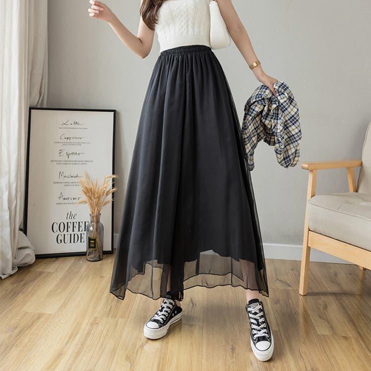 ブラック | 動くたびにヒラッと揺れる大人なシフォンフレアパンツ 女性らしい ロング丈 | maison de LATIR