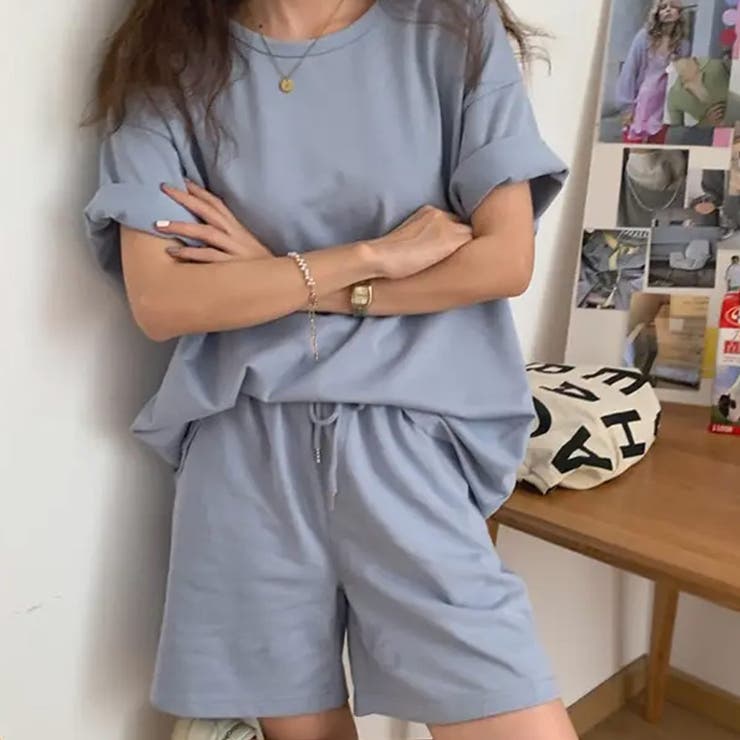 ブルー | これ1つで大人カジュアルが叶う！カットソーサマーセットアップ シンプル 無地 | maison de LATIR