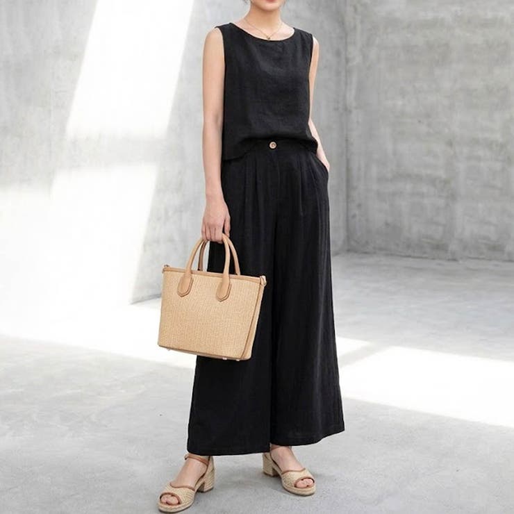 ブラック | 【セットアップ】大人の涼感ワッシャー素材リネンライクワイドパンツ夏服セットアップ | maison de LATIR