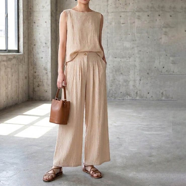 ベージュ | 【セットアップ】大人の涼感ワッシャー素材リネンライクワイドパンツ夏服セットアップ | maison de LATIR