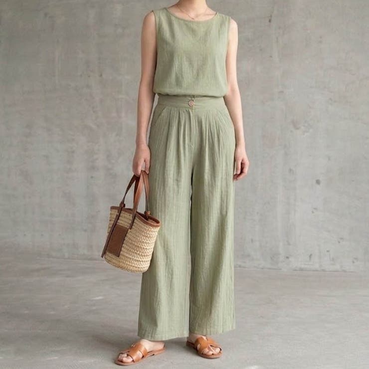 カーキ | 【セットアップ】大人の涼感ワッシャー素材リネンライクワイドパンツ夏服セットアップ | maison de LATIR