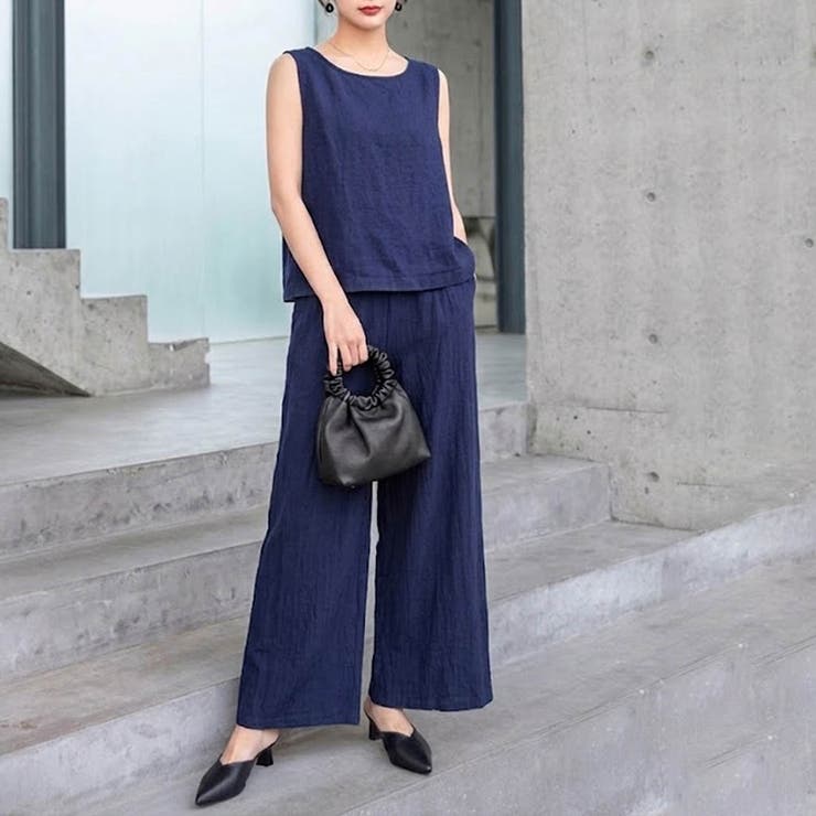 ネイビー | 【セットアップ】大人の涼感ワッシャー素材リネンライクワイドパンツ夏服セットアップ | maison de LATIR