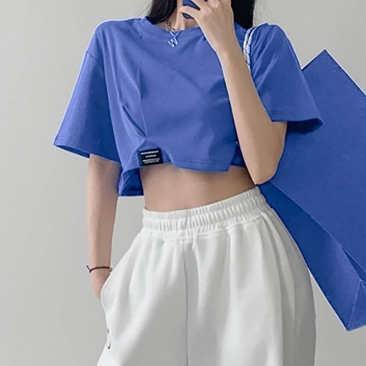 ブルー | 大人カジュアル今夏トレンドの半袖クロップドTシャツ。イチオシ夏服ショート丈T。 | maison de LATIR