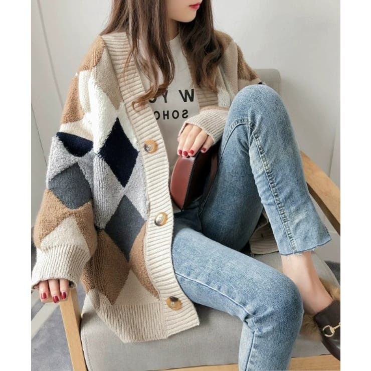 ベージュ | カーディガン アーガイル ダイヤ | maison de LATIR