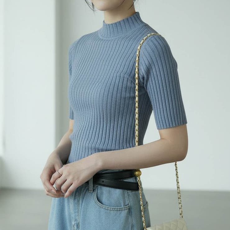 ブルーグレー | 《9色展開》華奢見えリブは大人のためのトップス。きちんと感が出る半袖サマーニット… | maison de LATIR
