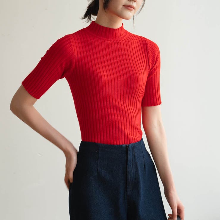 レッド | 《9色展開》華奢見えリブは大人のためのトップス。きちんと感が出る半袖サマーニット… | maison de LATIR