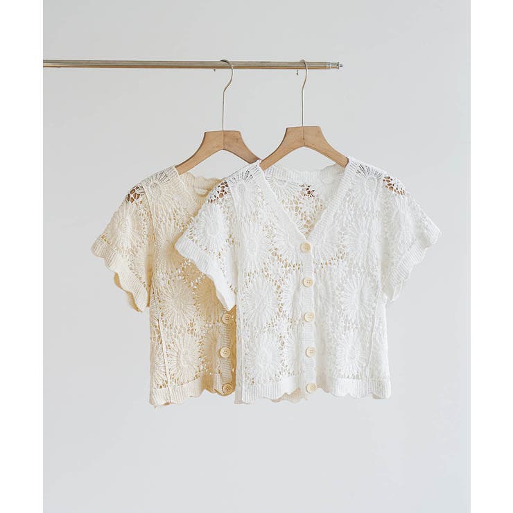 夏服に映える透け感フラワーレースの半袖Vネックショート丈カーディガントップス | maison de LATIR | 詳細画像11 