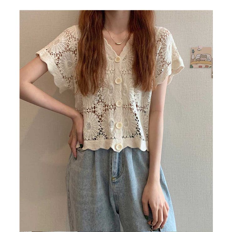 夏服に映える透け感フラワーレースの半袖Vネックショート丈カーディガントップス | maison de LATIR | 詳細画像5 
