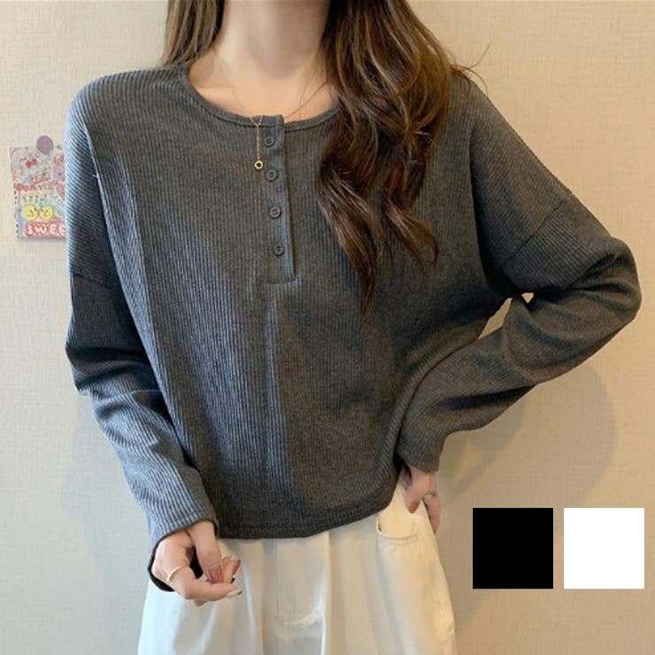 カジュアルな着回しに重宝するヘンリーネックカットソー