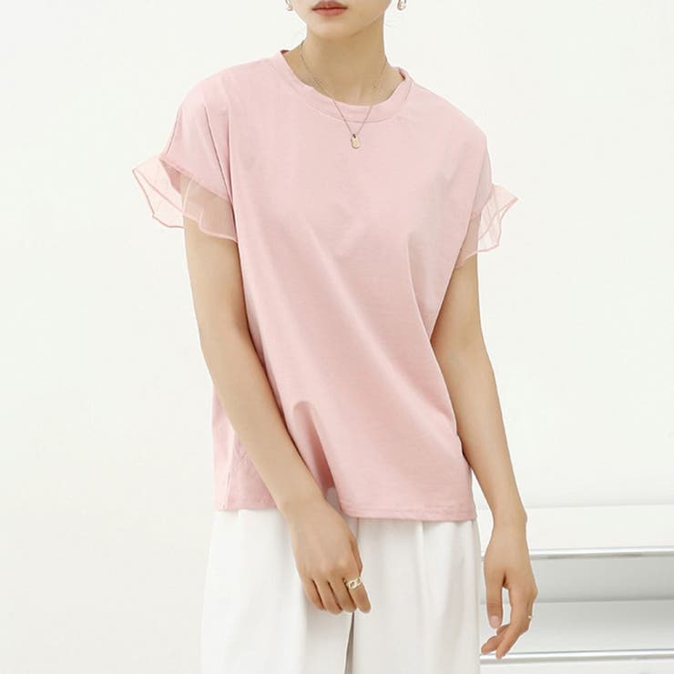 ピンク | 着回し力抜群なチュールフリル袖Tシャツ 半袖 シンプル | maison de LATIR