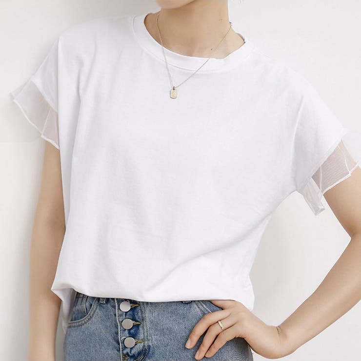 tシャツ 着回し力抜群なチュールフリル袖Tシャツ レディース 着回し力抜群なチュールフリル袖Tシャツ 半袖 シンプル[品番