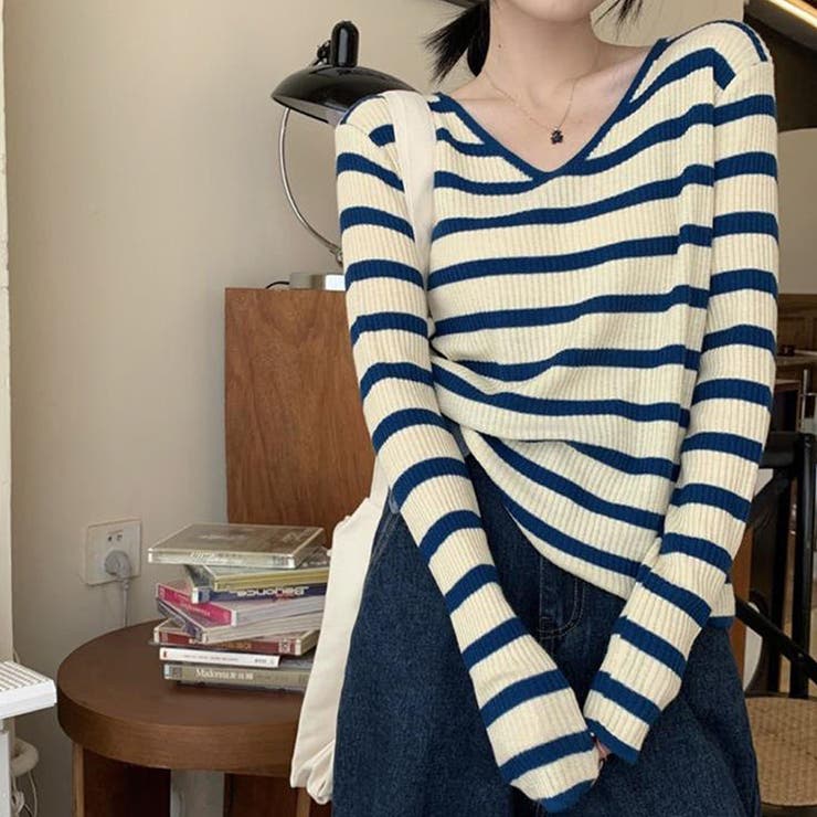 コーデの主役になれるストライプ柄VネックTシャツ 長袖 トップス[品番 