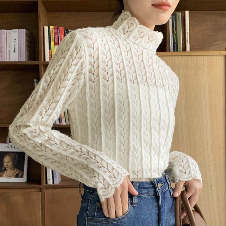 上品な透け感が女性らしいハイネックレーストップス 春 海外風 上品な透け感が女性らしいハイネックレーストップス 春 海外風