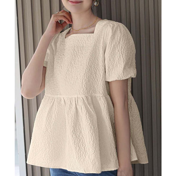 1枚で華やかさを演出するバックリボンジャガードペプラムブラウス パフスリーブ ボ… | maison de LATIR | 詳細画像10 