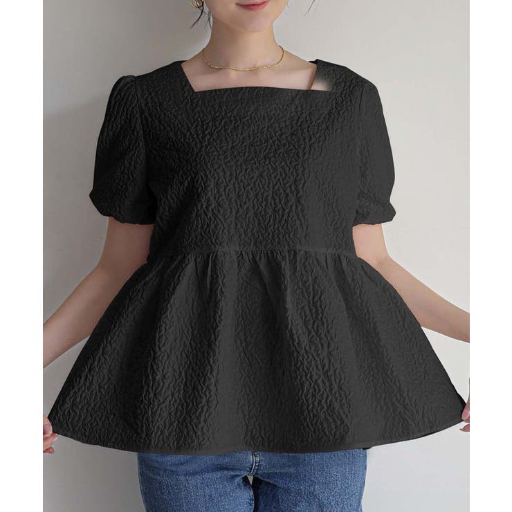 1枚で華やかさを演出するバックリボンジャガードペプラムブラウス パフスリーブ ボ… | maison de LATIR | 詳細画像14 