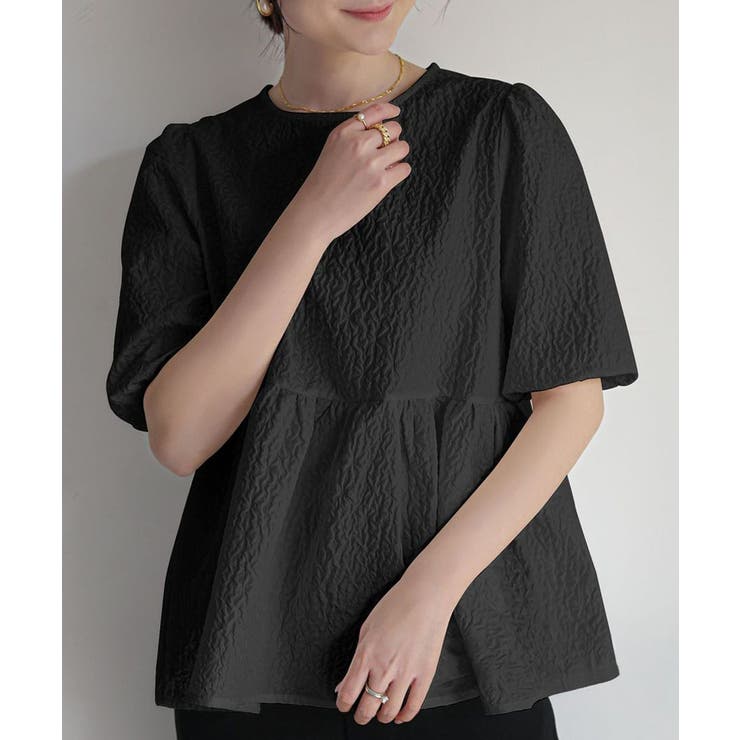 1枚で華やかさを演出するバックリボンジャガードペプラムブラウス パフスリーブ ボ… | maison de LATIR | 詳細画像18 