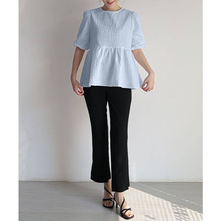 1枚で華やかさを演出するバックリボンジャガードペプラムブラウス パフスリーブ ボ… | maison de LATIR | 詳細画像19 