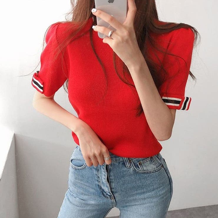 レッド | フレンチなデザインが可愛いリボンデザインリブ半袖トップス 半袖 ニット | maison de LATIR