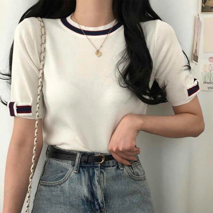 ホワイト | フレンチなデザインが可愛いリボンデザインリブ半袖トップス 半袖 ニット | maison de LATIR