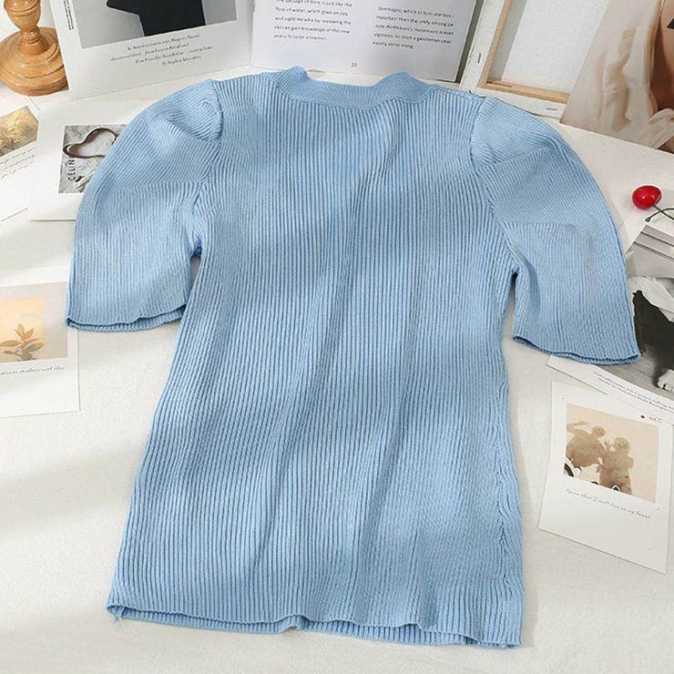 ライトブルー | さりげないデザインがこなれ感を出してくれるニット スクエアネック シャーリングス… | maison de LATIR