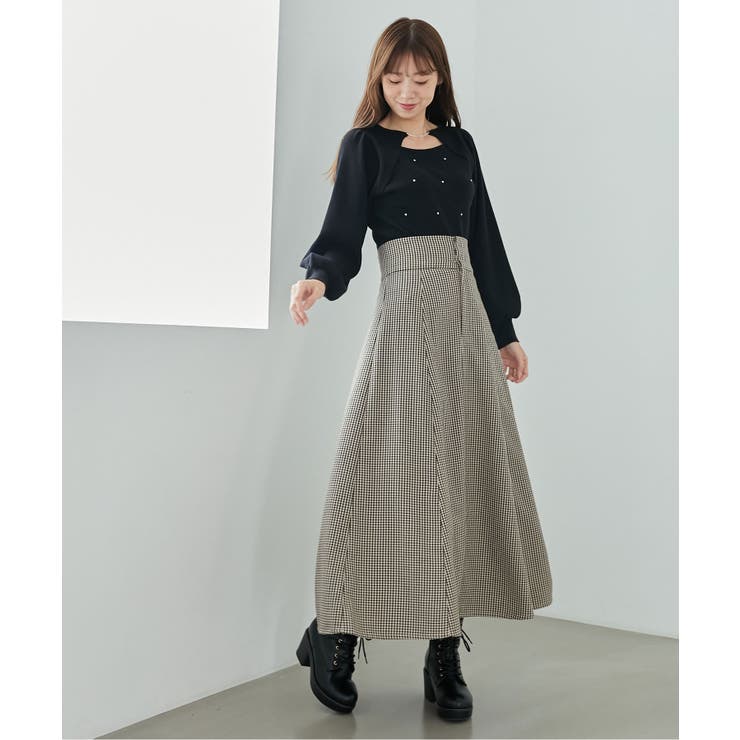 45R ヒッコリー フレアスカート ウエスト調整可能 バックレースアップハートカットハイウエストタックフレアスカート