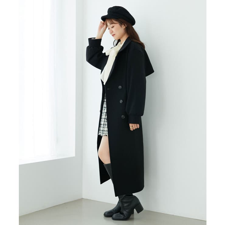 蛇腹 オーバーサイズ 肉厚 ガウン y2k チェスターコート ブラック 黒 バックデザインチェスターコート[品番：CTYW0003571]｜MAJESTIC LEGON