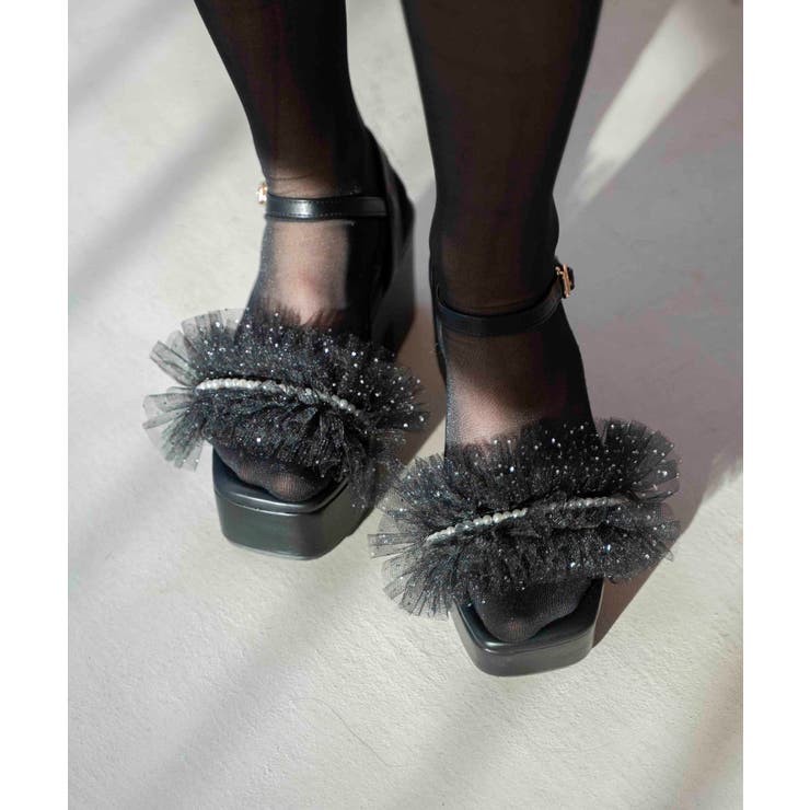 ブラック | チュール×パール厚底サンダル | MAJESTIC LEGON 