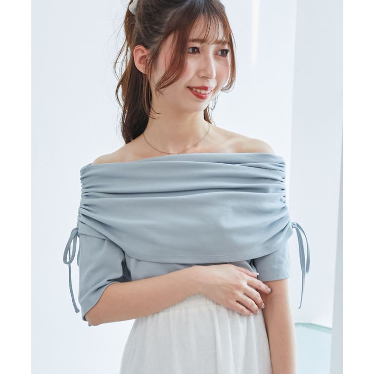 ブルー | サイドドロストオフショルカットトップス | MAJESTIC LEGON 