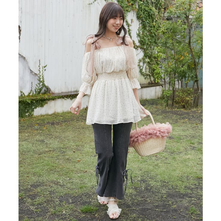 ∞ショルダーリボン半袖チュニック[品番：CTYW0004697