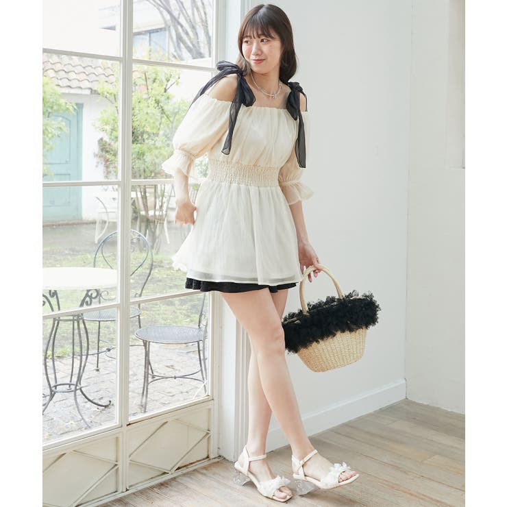 ∞ショルダーリボン半袖チュニック[品番：CTYW0004697