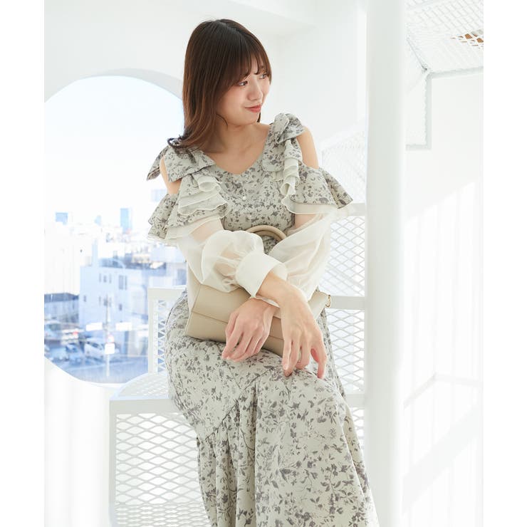 グレー柄 | フリルリボン肩あきワンピース | MAJESTIC LEGON 