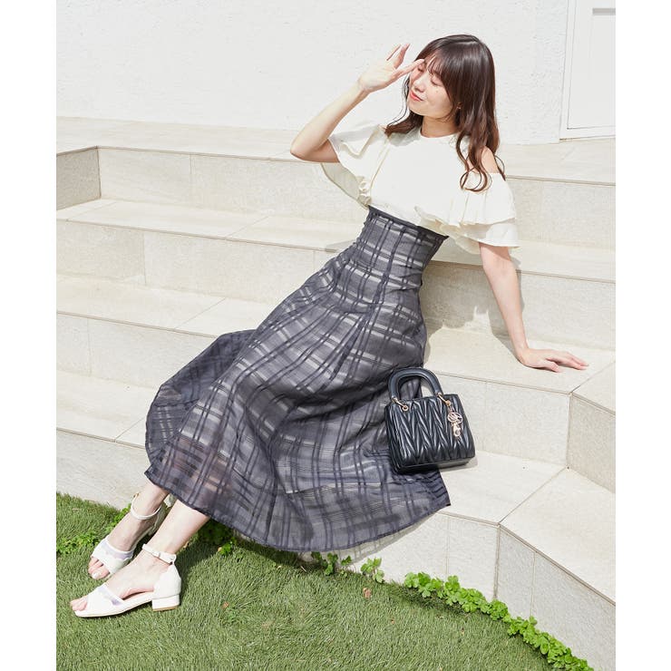 ブラック柄 | ウエストきゅっとフリルフレアワンピ | MAJESTIC LEGON 