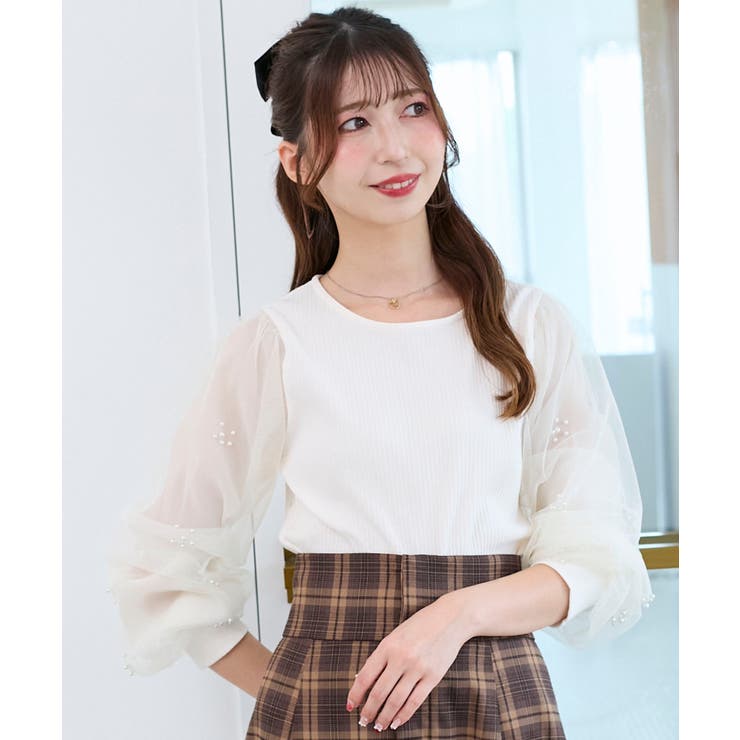 アイボリー | パールチュールスリーブ長袖トップス | MAJESTIC LEGON 