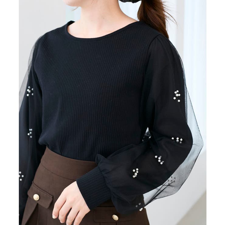 ブラック | パールチュールスリーブ長袖トップス | MAJESTIC LEGON 