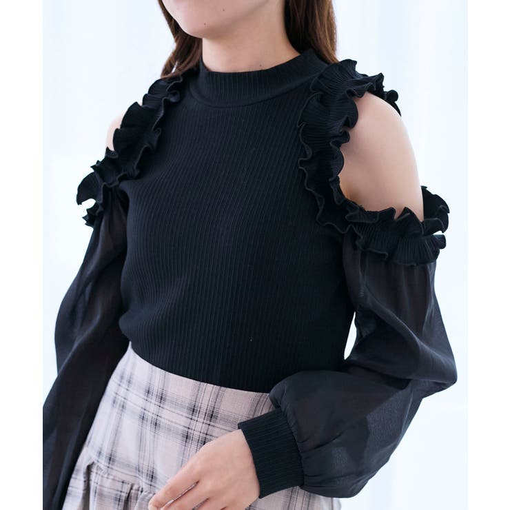 ブラック | オープンショルダーフリルカットトップス | MAJESTIC LEGON 