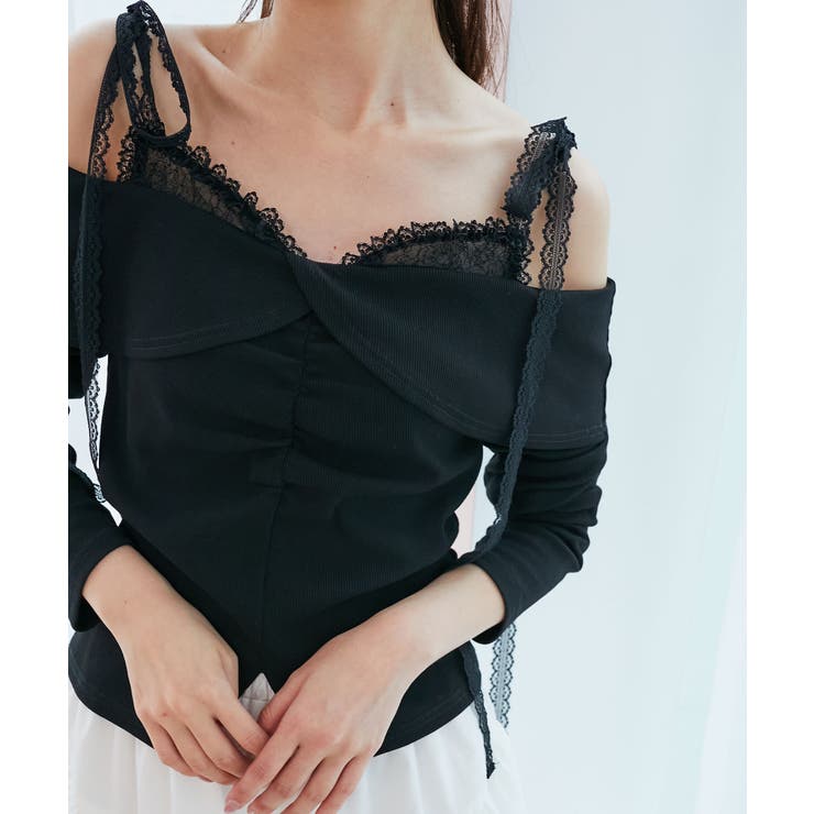 ブラック | 肩リボンレースドッキングトップス | MAJESTIC LEGON 