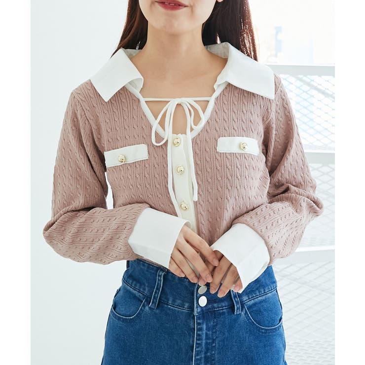 ピンクベージュ | デコルテオープンバイカラー襟ニット | MAJESTIC LEGON 