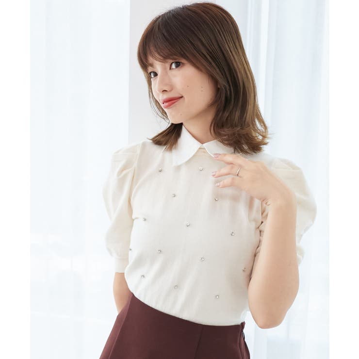 アイボリー | 2way襟付きビジューニット | MAJESTIC LEGON 
