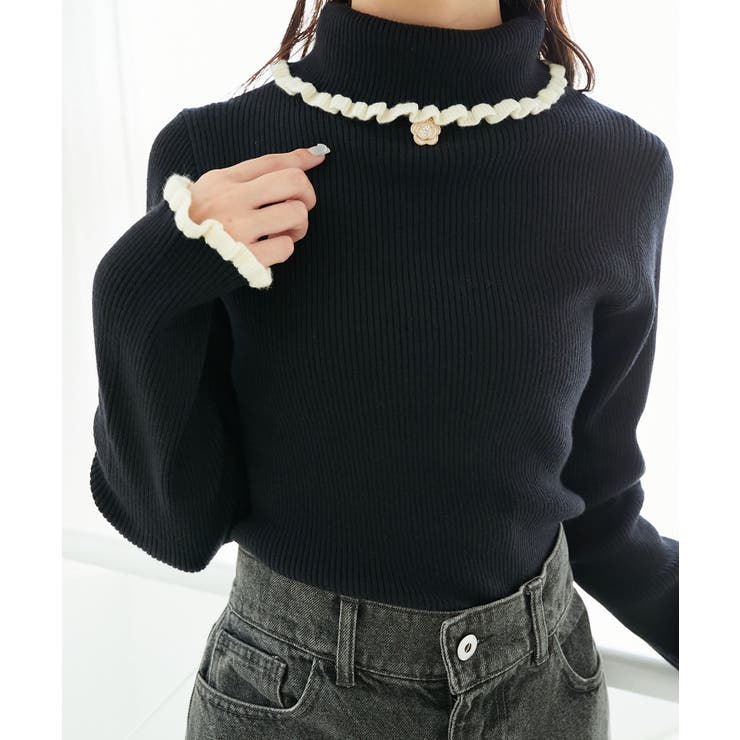 ブラック柄 | プチフリルタートルニット | MAJESTIC LEGON 