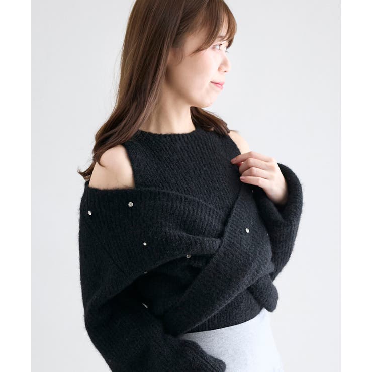 ブラック | オープンショルダーカシュクールニット | MAJESTIC LEGON 