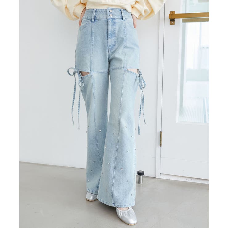 サックス | スリットビジューフレアデニムパンツ | MAJESTIC LEGON 