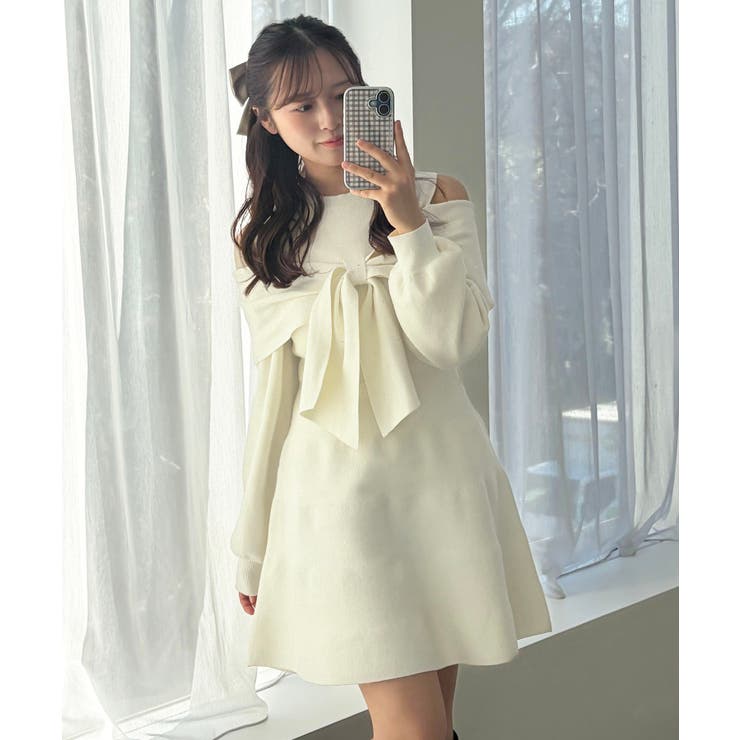 アイボリー | ビジューリボンニットミニワンピース | MAJESTIC LEGON 