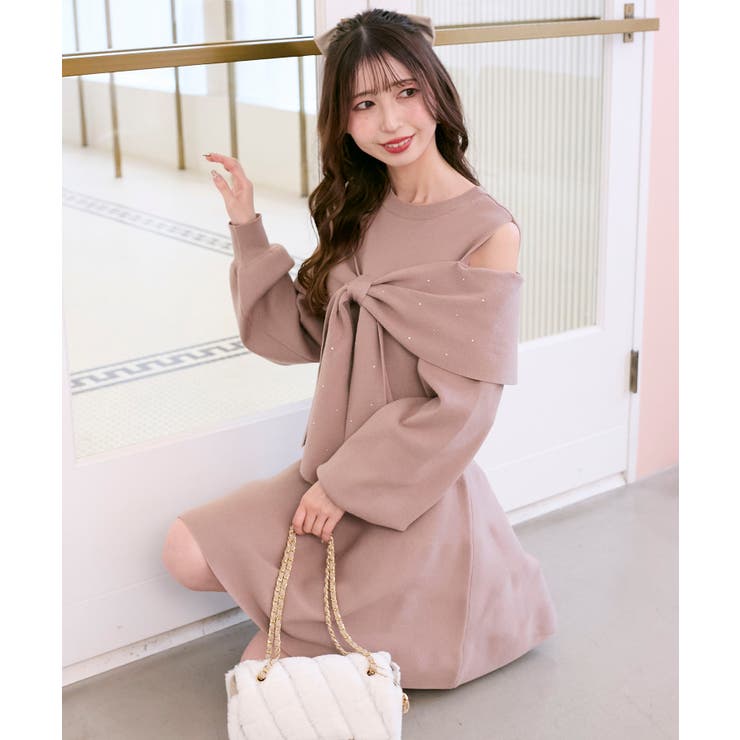 ピンクベージュ | ビジューリボンニットミニワンピース | MAJESTIC LEGON 