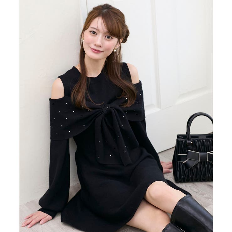 ブラック | ビジューリボンニットミニワンピース | MAJESTIC LEGON 