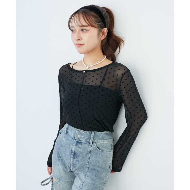 ブラック柄 | ドットチュールシアートップス | MAJESTIC LEGON 