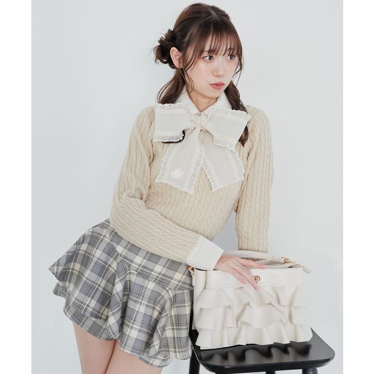 ベージュ | フリルトリムリボンタイセットニット | MAJESTIC LEGON 